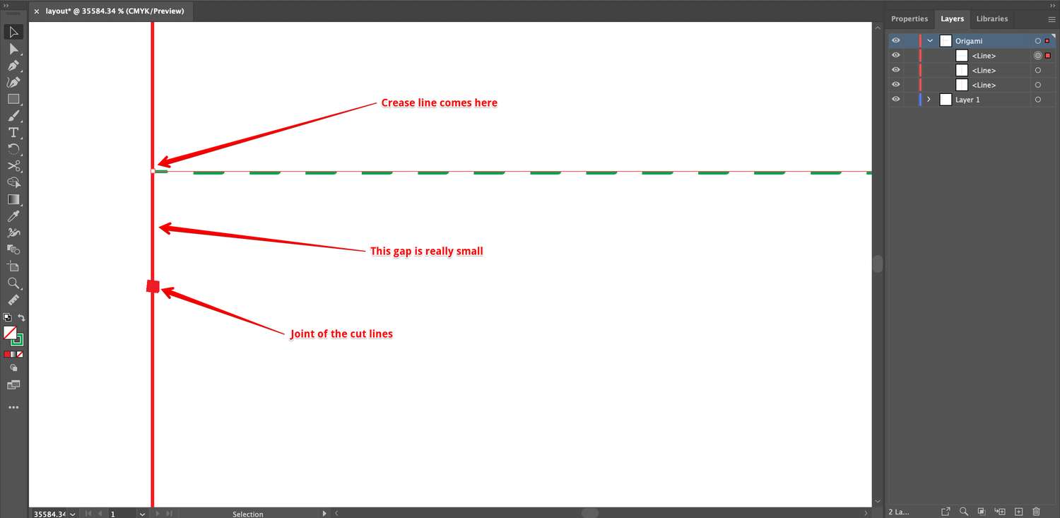 Crease line comes very close to the joint vertex of two cut lines