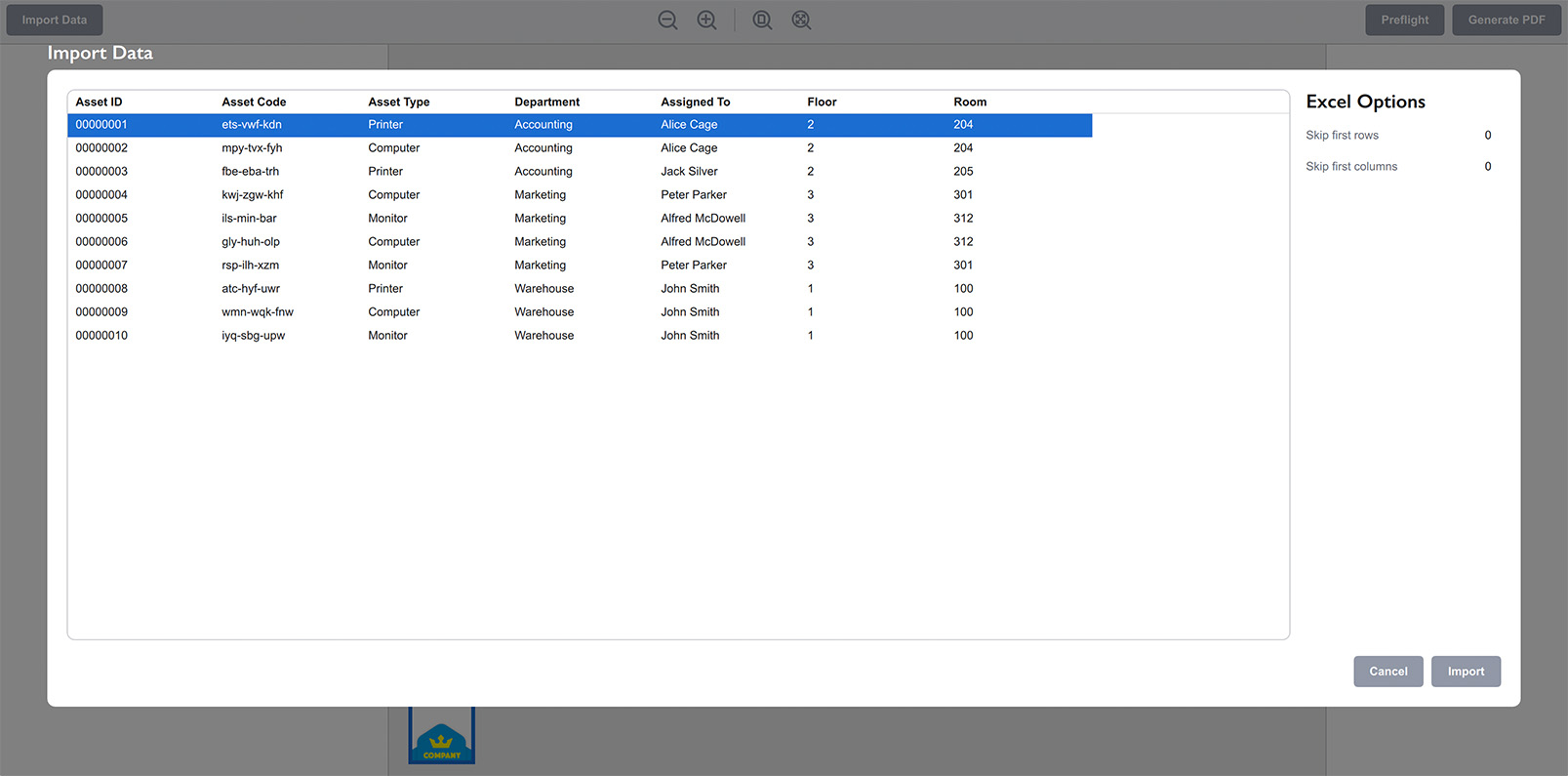 Inventory data import panel in Ticket Wizard