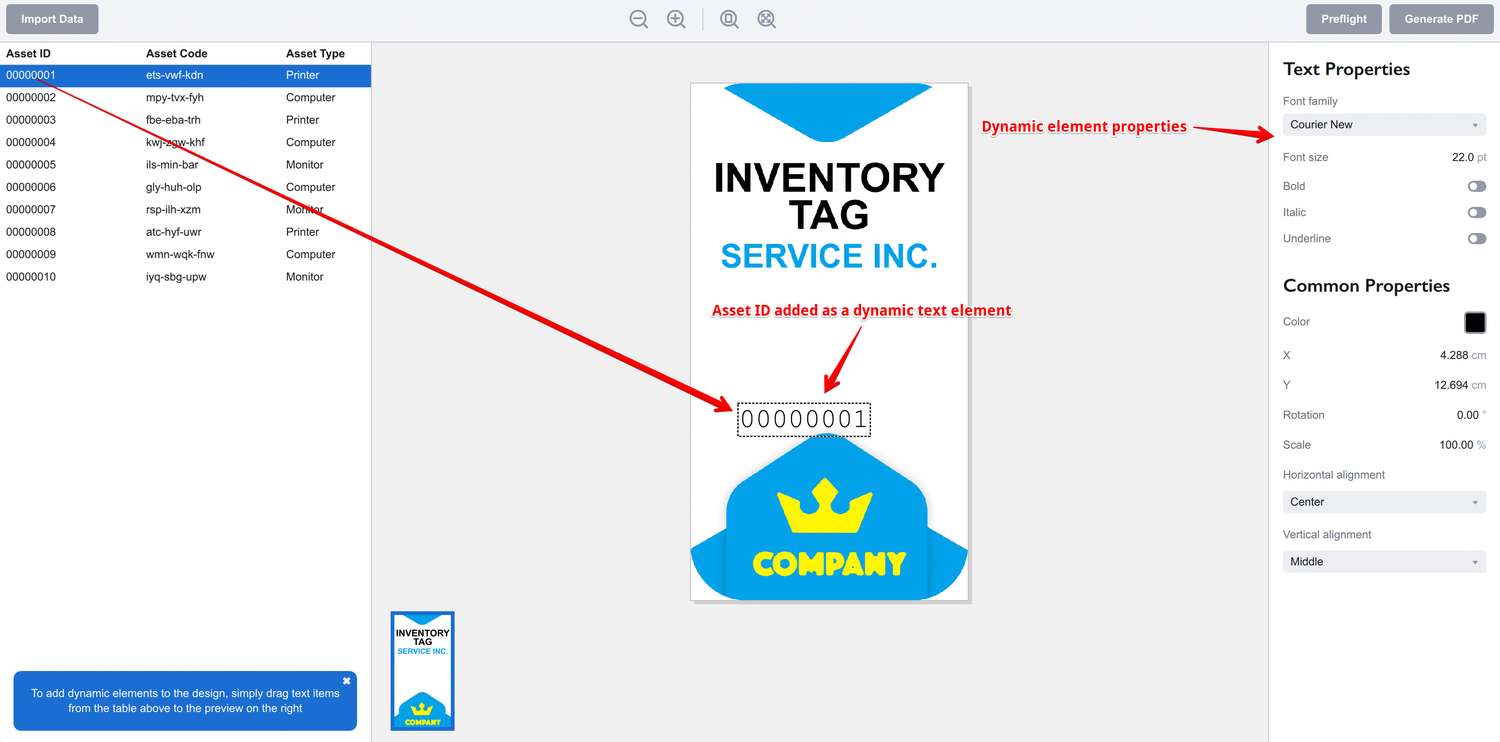Asset ID is added as a dynamic text element