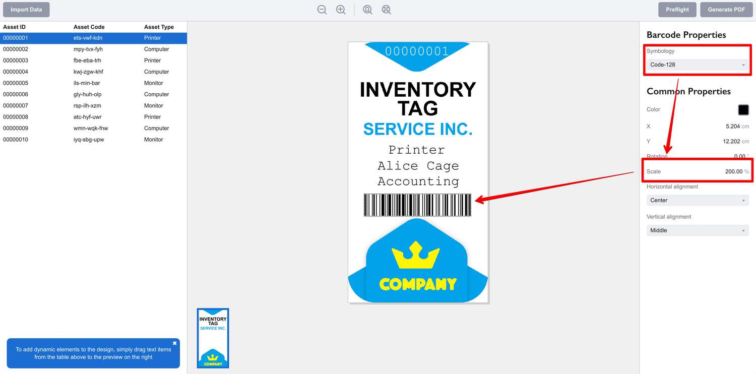 Barcode added to inventory tag in Ticket Wizard