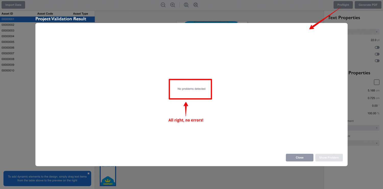 Project preflight results show no errors in the project