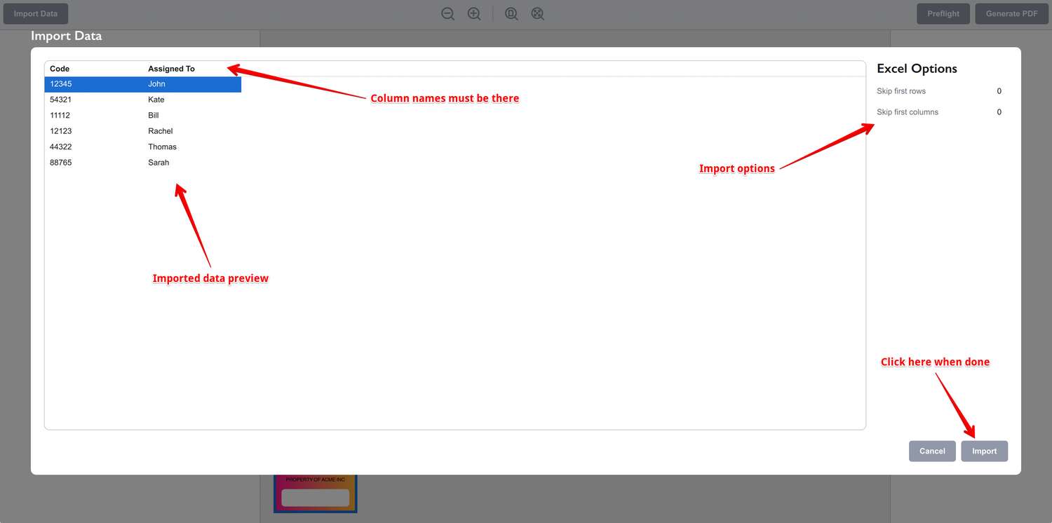 Previewing imported data in Ticket Wizard