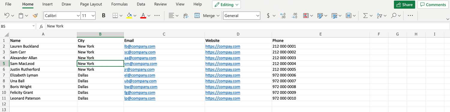 Business card data in Excel file