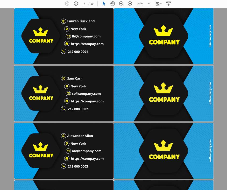 Business cards generated based on the Excel data and PDF template