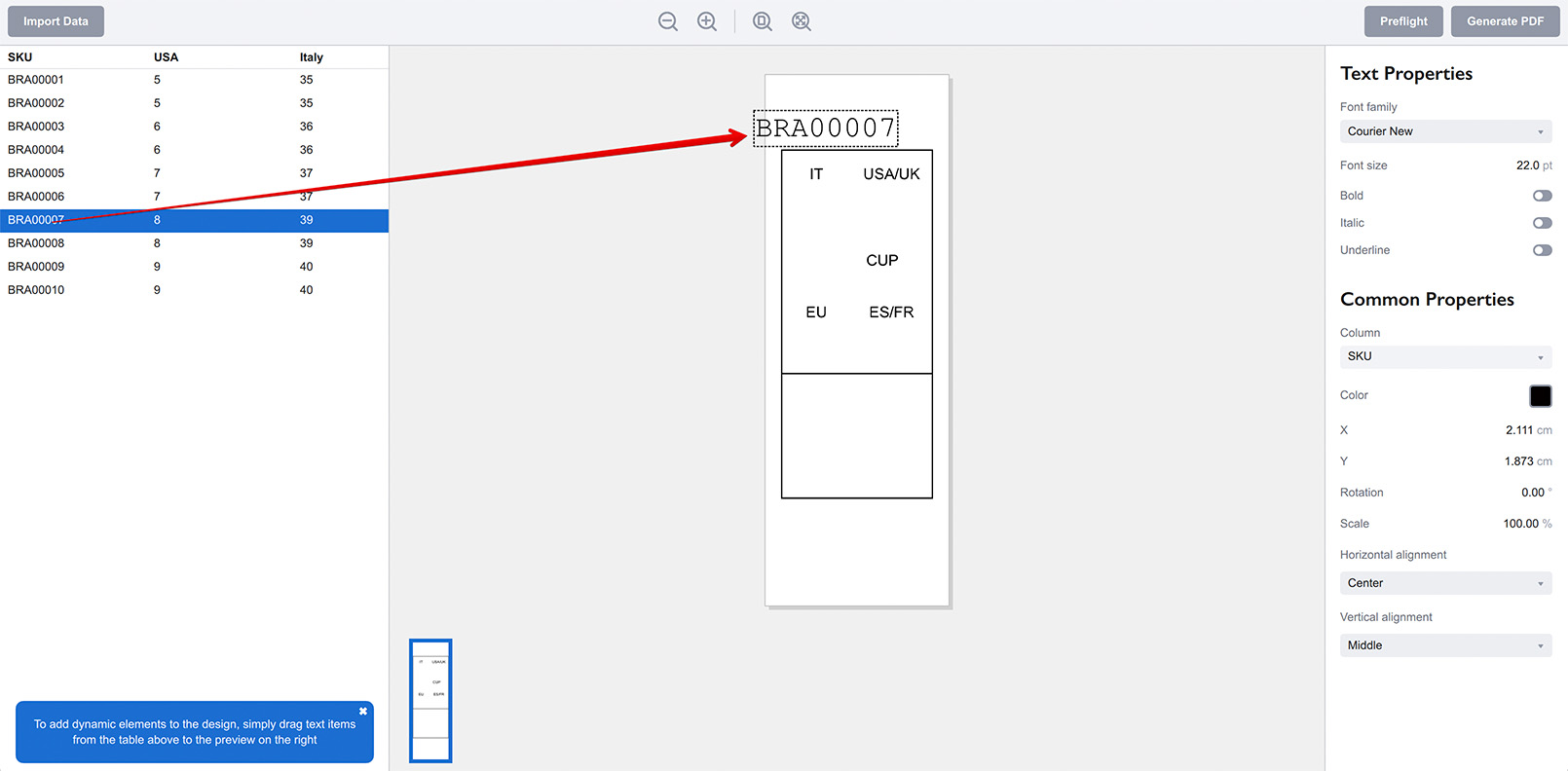 SKU text element is dragged into the project