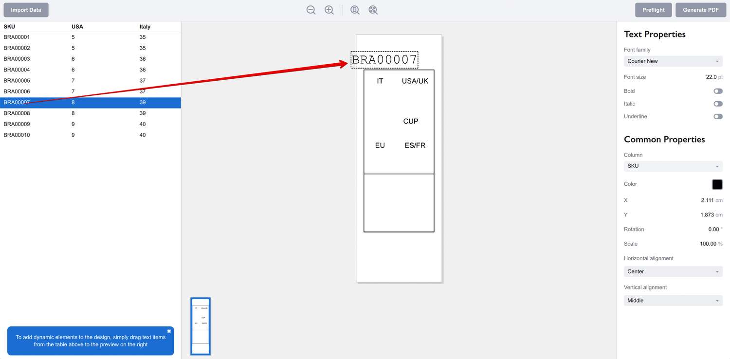 SKU text element is dragged into the project
