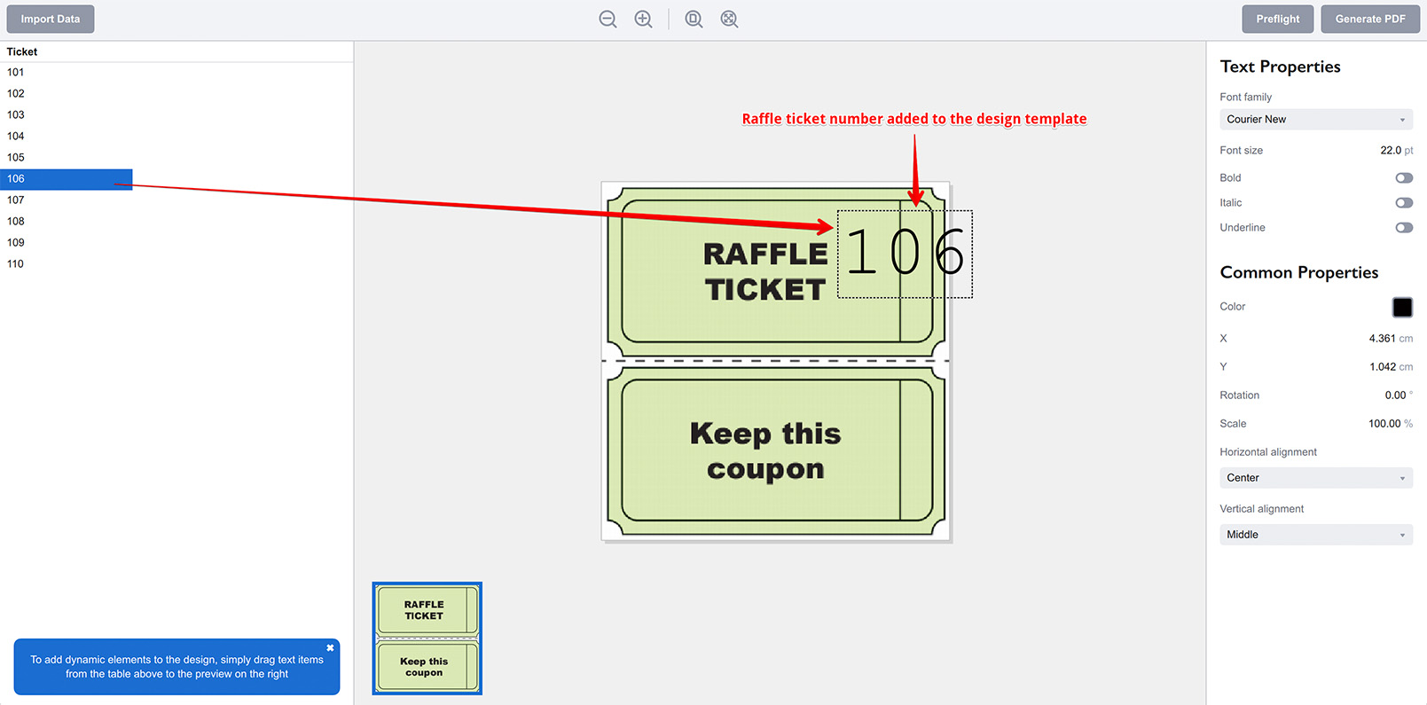 Raffle ticket number added to the artwork template