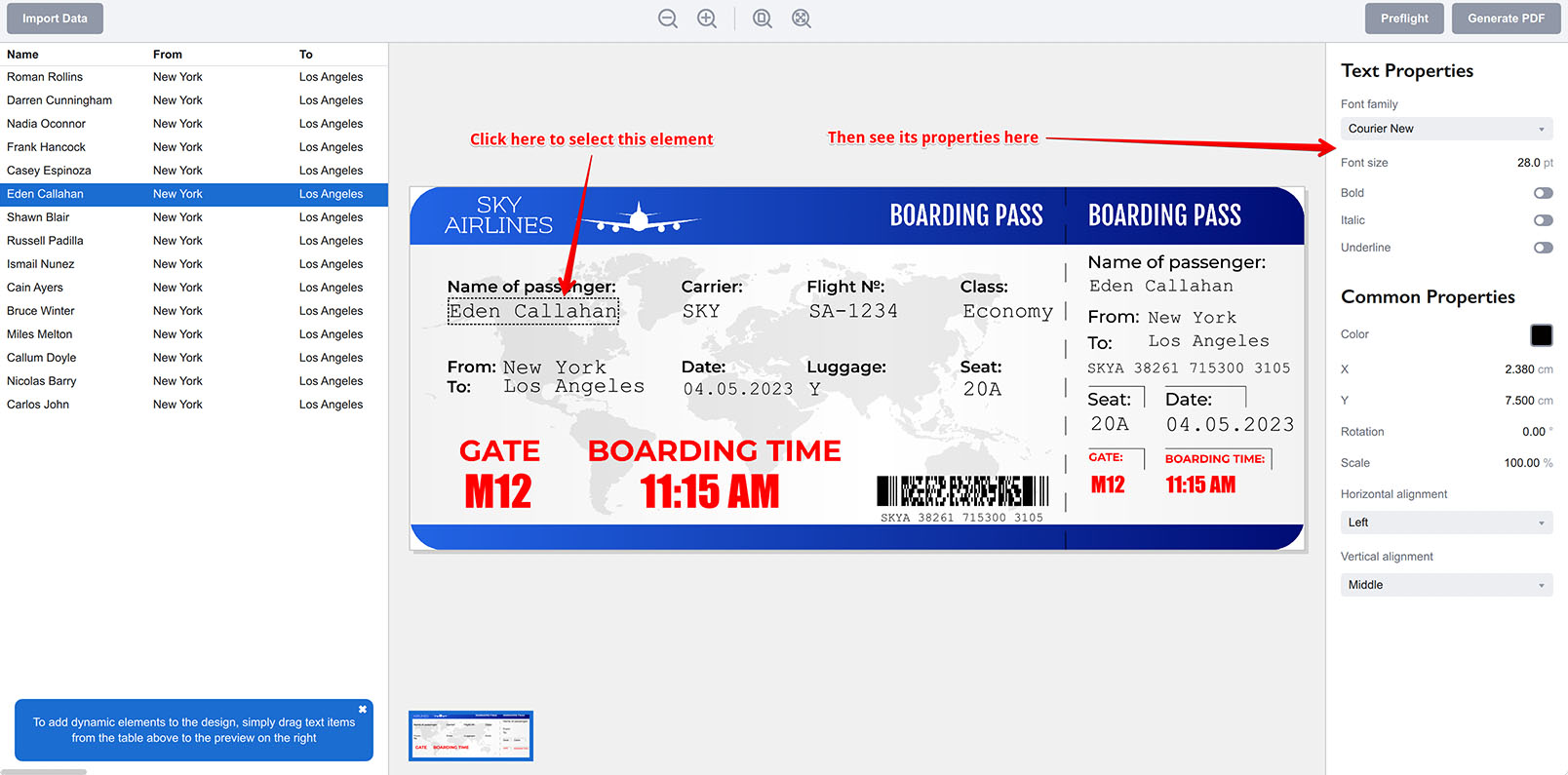 Ticket Wizard shows the properties of the selected element