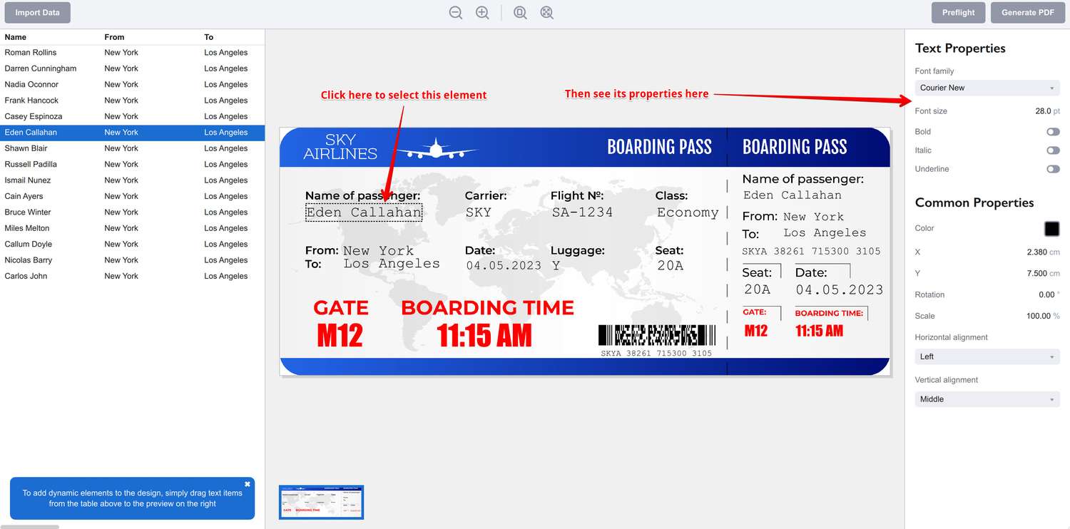 Ticket Wizard shows the properties of the selected element